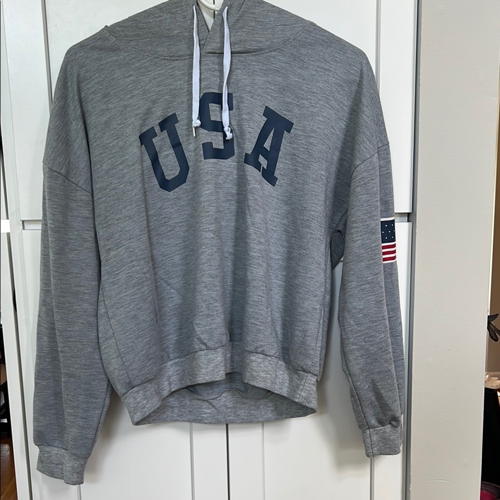 Light Gray USA Hoodie with Flag Patch Crop Top